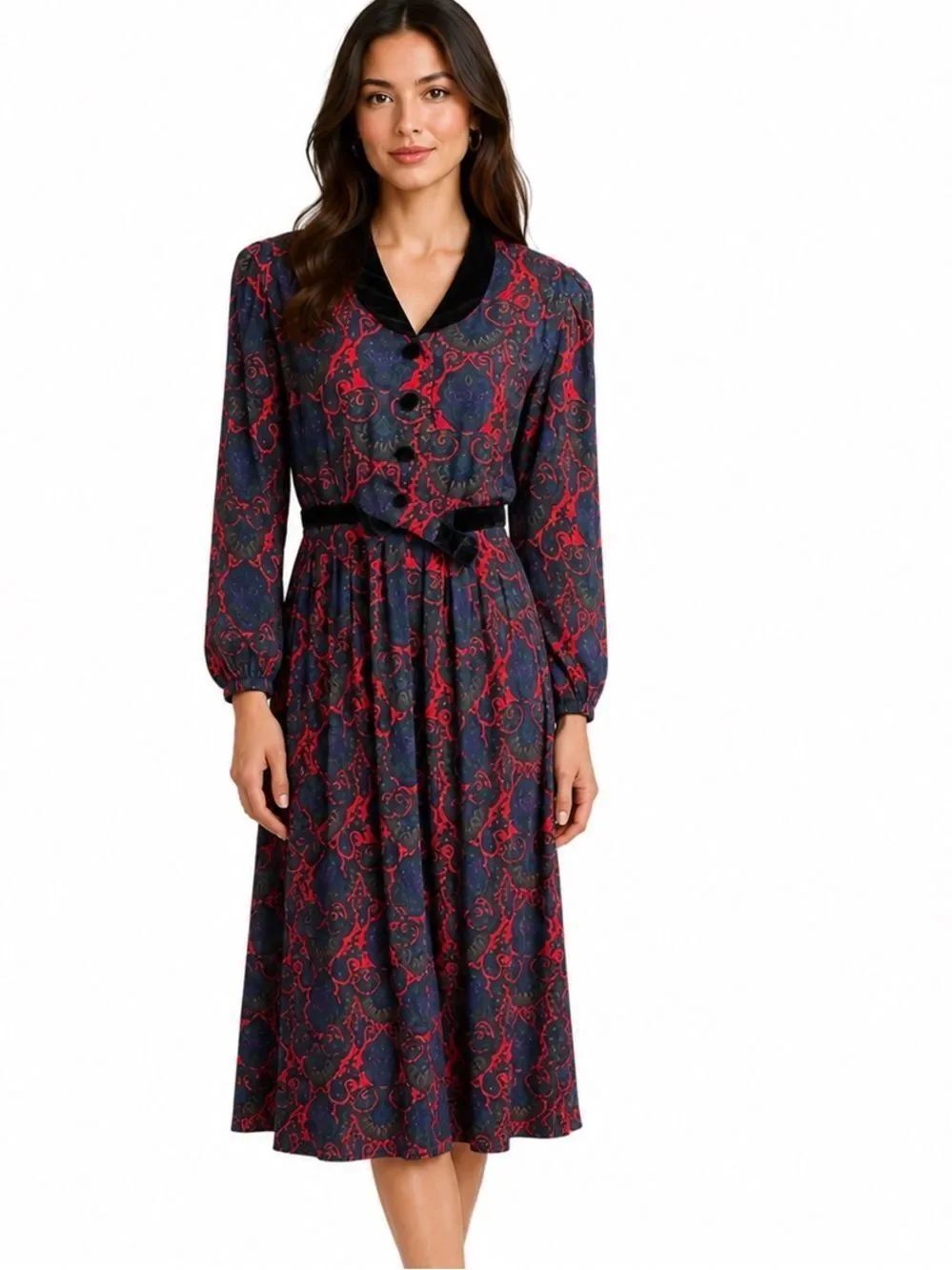 Vintage Karin Stevens Two Piece Dress Jacket Red Green Elegant Cottagecore SZ 10